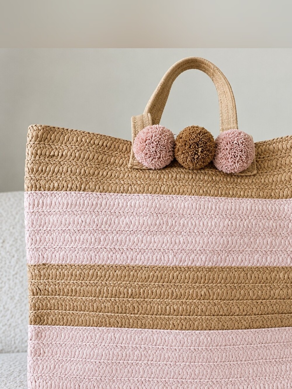 BTB Los Angeles Straw Tote Blush Pink Pom Pom Bag